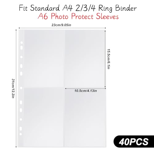 40 Stück Fotohüllen DIN A4, Fotosichthüllen Transparente, A4 Postkartenhüllen 4 Fach Geteilt, Klarsichtfolien mit Metal Ringbuch, von Postkarten Fotos, Nachfüllseiten(155x105mm)