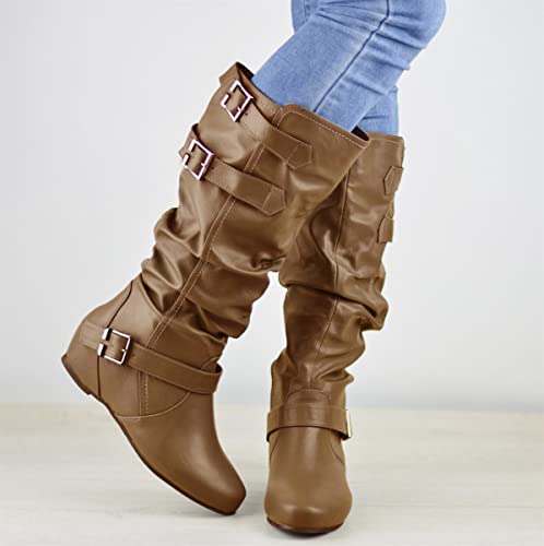 Syktkmx Womens Slouch Wide Mid Calf Boots Slip On Buckle Strap Flat Fall Winter Knee High Shoes #TOP2