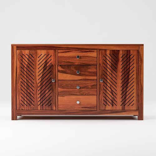 Image of Solid Sheesham Wood Wooden Sideboard Storage Cabinet : Ideal for Living Room and Bedroom with 4 Drawers and 4-Shelf Storage(Ferna, Honey Finish)