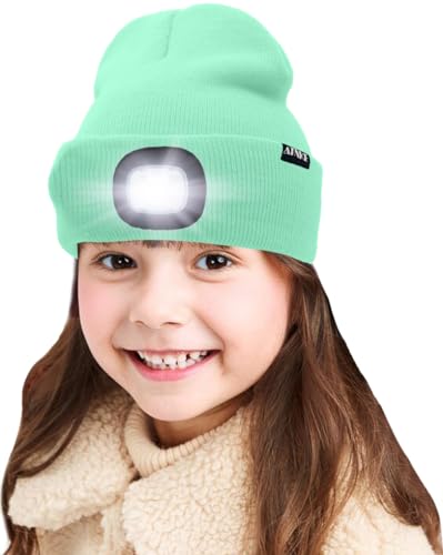 ATNKE - ATNKE Bonnet lumineux à LED pour enfant avec lumière, rechargeable par USB, 4 phares LED, étanche, chaufferette d'hiver en tricot avec chapeau de nuit léger pour garçons et filles, Vert fruité.,