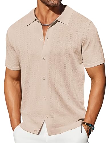 COOFANDY Men's Knit Shirts Short Sleeve Button Down Shirt Casual Summer Beach Shirt