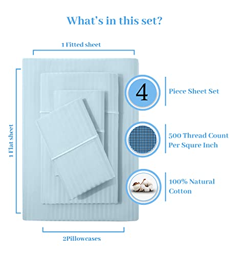 Feather & Stitch King Size Damask Bed Sheets|100% Soft Cotton Breathable Bedsheet 4 Pc Set 18" Deep Pockets 500 Tc Sateen Weave Striped Bedding Mattress Resort Hotel Luxury Decor|Aqua #TOP2