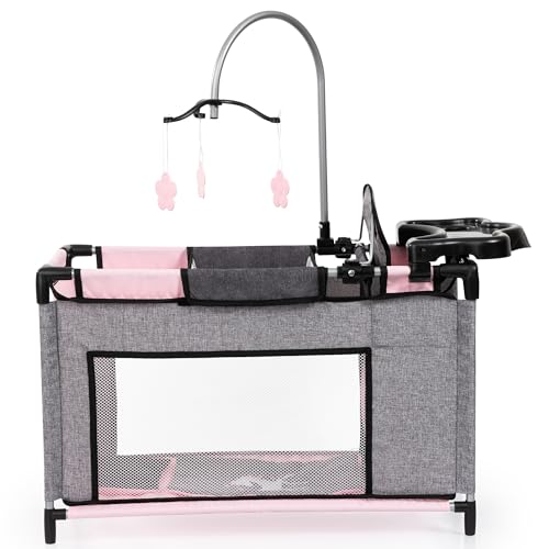 Bayer Design 62633AB Puppenbett mit Schrank, Sitz, Mobile, Ablage, Bettdecke, Kissen, Jeans-grau, rosa, Einhorn, Klein