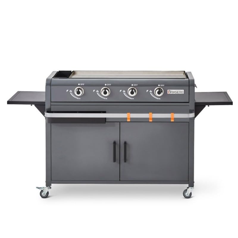 BRASERO - Plancha Lola à gaz sur chariot équipé Gun Metal - 4 brûleurs à gaz - jusqu'à 14 convives - Surface de cuisson 88 x 35,5 cm - 9,6 kW - Récupérateur de graisse
