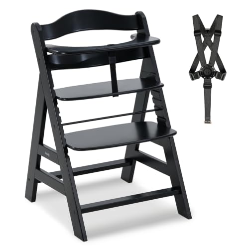hauck Hochstuhl Alpha+ für Kinder ab 6 Monaten bis 90 kg, inkl. Schutzbügel, 5-Punkt-Gurt & Schrittgurt, mitwachsender Kinderhochstuhl aus FSC® zertifiziertem Buchenholz (Black)