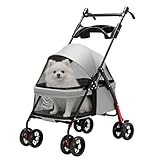 Pet Stroller Small Dogs Stroller, Foldable Dog Stroller Cat Pram with 4 Wheels Rotating Handle Mesh Window, Puppy Dog Pushchair, Travel Pet Pram, Max Load 38 lbs (Grey)