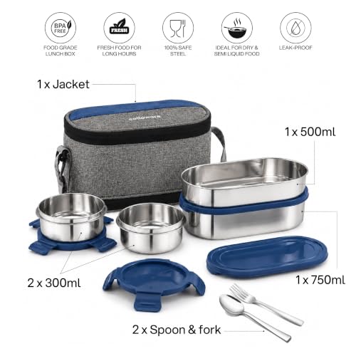 Image of CELLO MF Senator Set of 4 Stainless Steel Lunch Box with Extendable Zipper Bag, Blue | 300ml, 300ml, 500ml Containers, 750ml Oval Container with Spoon & Fork, Leakproof Airtight Tiffin Set for Office