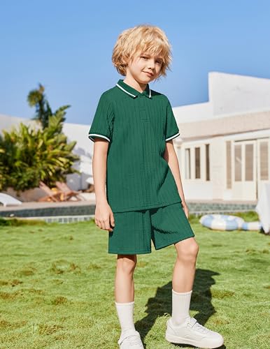 Image of Arshiner Boys 2 Piece Outfits Button Polo Shirt & Elastic Shorts 4-13 Years