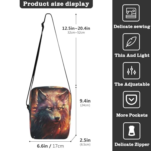 Crossbody Bag Fire Flame Wolf Animal Messenger Bag for Women Men Purse Shoulder Bag Satchel Bag with Adjustable Strap 214A48263