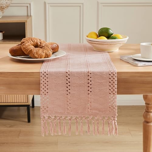 Image of ZeeMart Macrame Style Boho Table Runner, 12x36 Inch Light Pink | Woven Boho Table Runner with Handmade Tassels, Crochet Hollow Table Scarf, Farmhouse Kitchen Home Decor Dresser Runner