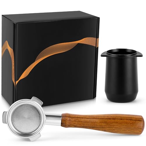 Gift Box Double Sided 2 in 1 Coffee Distributor/Leveler 54mm Bottomless Portafilter Compatible For Breville 8 Series Stainless Steel Espresso Machine Wood Handle 2 Cup Basket Filter Black Set of 3