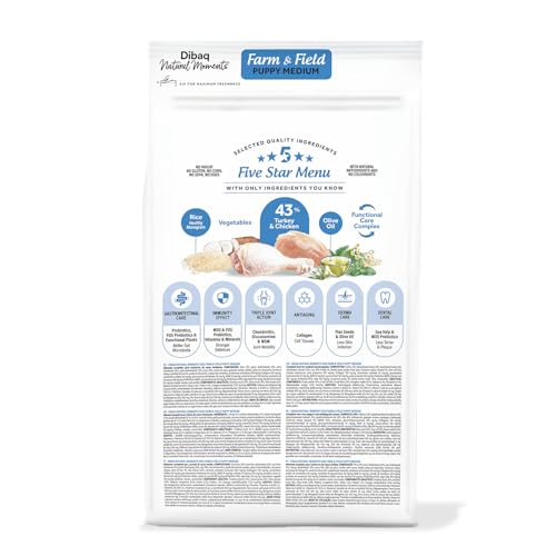 Dibaq Natural Moments 5 Star Truthahn & Huhn Puppy Medium, Alleinfuttermittel für mittelgroße Welpen, Low Grain mit Reis, GVO‑frei, 12 kg