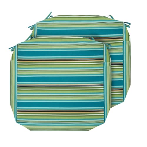 Magpie Fabrics Indoor Outdoor Cushion Cover Replacement 2 Pack, NO Insert! Water Repellent Slipcover with Ties Decor for Patio Garden Chair Sofa Bench Wicker(Green Striped, 22x20x4 Inch)