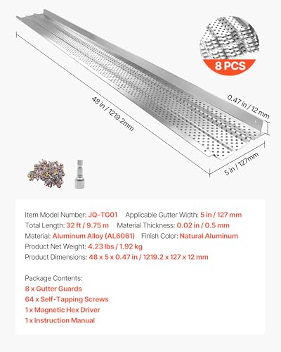 Image of VEVOR Gutter Guard, 5 inch Aluminum Gutter Cover Heavy-Duty, 32ft Length Protection Cover for Leaf & Debris, 0.02 in Thickness Mill Finish, Easy DIY Install, Fast Drainage, Screws Included, 8 PCS