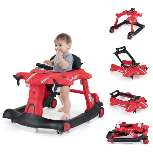 ★Zoom nell'Avventura★ Il girello per bambini a tema aeroplano presenta un cruscotto interattivo completo di 5 piste dinamiche, luci lampeggianti e suoni di avviamento per un gioco sensoriale. Inoltre, il volante giocattolo, la leva di cambio e le eliche rotabili aiutano i piccoli piloti a esercitare le dita.