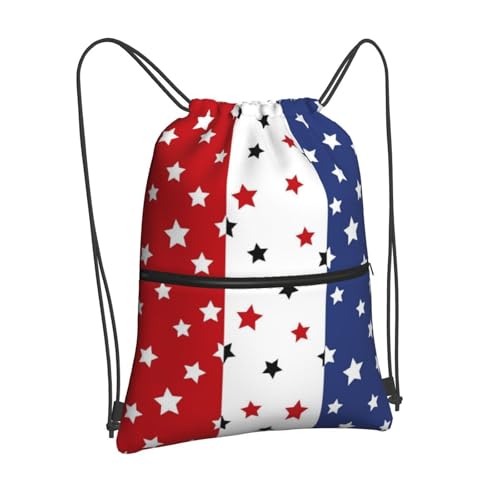 Image of July 4th Red Blue Stars Drawstring Bag, Independence Day Memorial Day Waterproof Drawstring Bckpack for Gym Sports, Red Blue Women Men Sackpack Bag with Front Zipper Pocket and Inside Zipper Pocket