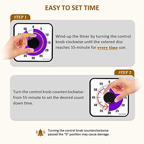 Secura 60-Minute Visual Countdown Timer, 7.5-Inch Oversize Classroom Visual Timer For Kids And Adults, Durable Mechanical Kitchen Timer Clock With Magnetic Backing (Purple) #TOP1