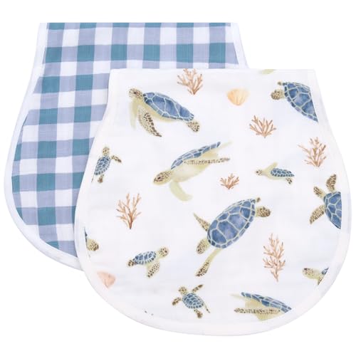 Image of LifeTree Muslin Baby Burp Cloths - 2 Pack 70% Viscose from Bamboo and 30% Cotton Large 22'' by 10.6'' Absorbent Milk Spit Up Rags - Burping Cloths for Newborn, Girls Boys, Sea Turtle & Blue Checkered