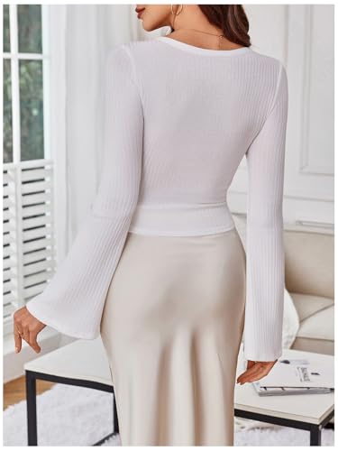Image of SweatyRocks Women's Adjustable Drawstring String Long Bell Sleeve Rib Knit Sexy Crop Top