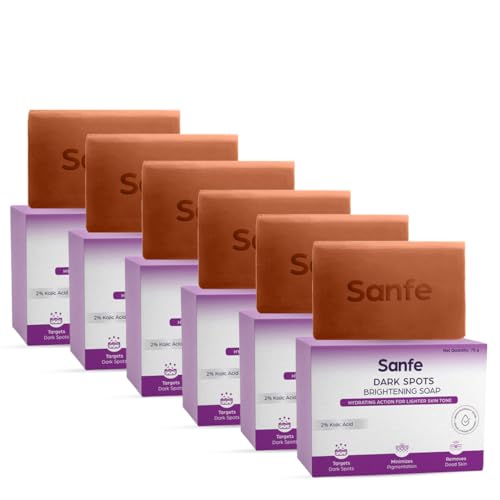 Image of Sanfe Soaps Kojic Acid Soap for Bath | Detan Soap | Dark Spots Brightening & Pigmentation Removal | Skin Whitening Soap Bar | Tanning Removal Soap for Men & Women | 75g | Pack of 6