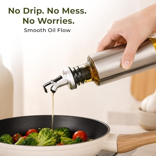 Image of HomeEssentials Glass Oil Dispenser Bottle with Measurement Markings | Auto Flip Lid Cruet with Non-Slip Handle | Leakproof & Drip-Free Oil and Vinegar Pourer for Kitchen Cooking (300, Milliliters)