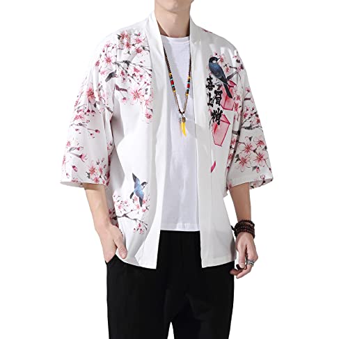 Image of PRIJOUHE Men's Lightweight Kimono Jacket Seven Sleeve Open Front Cardigan Coat Japanese Style Bathrobe