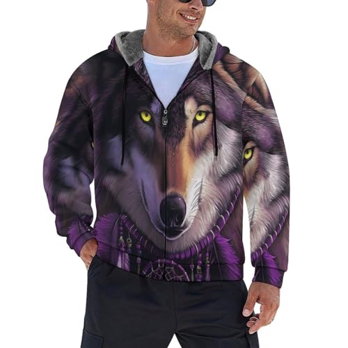 Veste polaire pour homme zippée chaude et légère avec poches imprimé loup pour l'hiver