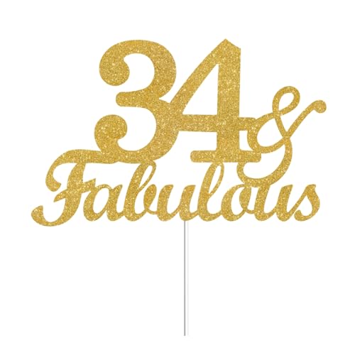 34 & Fabulous Cake Toppers Gold Glitter, Happy 34th Birthday Cake Topper Cheers to 34 Years Old Bday Decoration, Thirty-four and Fabulous Cake Decorations for 34th Birthday Anniversary Party