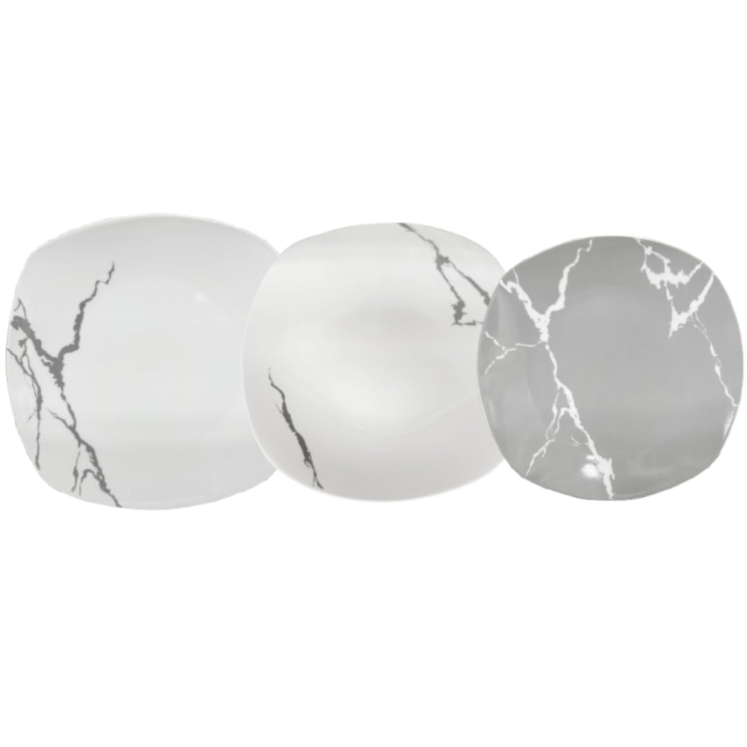Servizio Piatti 38 Pezzi Per 12 Persone | Resistente Porcellana Bianca e Grigia Design Moderno Marmorizzato Elegante Raffinato | Uso Quotidiano, Occasioni Speciali, Lavabile in Lavastoviglie
