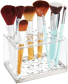 mDesign Makeup Brush Holder  Cosmetic Organiser for Dressing Tables and Countertops  Makeup Storage with 15 Compartments for Makeup and Powder Brushes  Clear/Brushed Silver