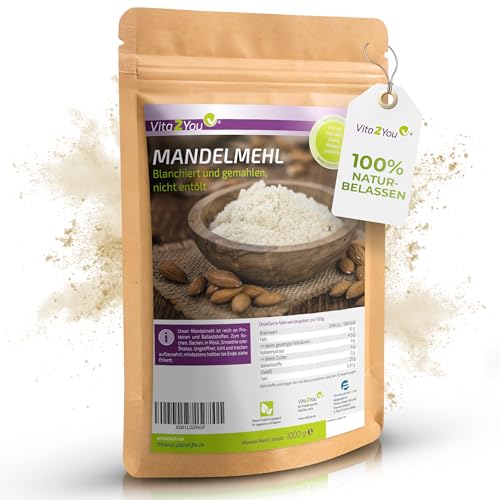 Vita2You Mandelmehl 1kg - blanchiert und naturbelassen - Mandeln gemahlen zum Backen - 1000g - Premium Qualität
