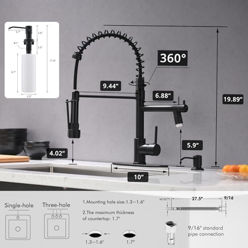 Image of AIMADI Matte Black Kitchen Faucet with Soap Dispenser Include 10 Inch Hole Cover Deck Plate