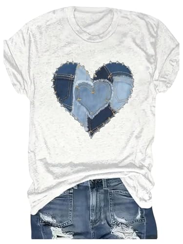 Women's Heart Patchwork Summer T Shirt Short Sleeve Crewneck Graphic Tees Tops