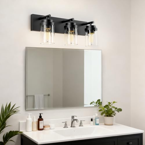 Image of IZORRO Bathroom Vanity Light Fixture, 3-Light 22 Inch Matte Black Bathroom Light Fixtures Over Mirror, with Clear Glass Shade, Modern Farmhouse Vanity Lights, Rustic Restroom Lighting Fixtures