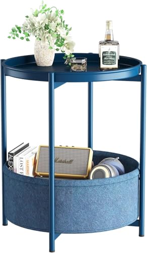 Huhote Mesa auxiliar, mesa auxiliar redonda con cesta de tela, mesita de noche pequeña, mesa de sofá para sala de estar, dormitorio, baño, balcón, estilo moderno (azul)
