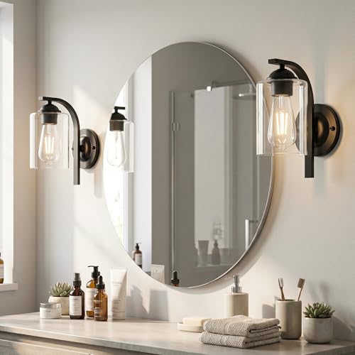 Image of 2-Pack Wall Sconces Lights Lamp for Bedroom Bathroom, Modern Vanity Light Fixtures, Black Farmhouse Wall Mount Lighting Lanterns with Clear Glass Shade for Living Room Mirror Hallway Kitchen