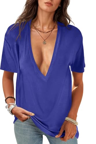 Image of UNCLECAT Womens Deep V Neck T Shirts Summer Oversized Short Sleeve Tops