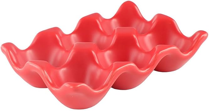 Pokinge Ceramic Egg Holder, 6 Cups Porcelain Egg Storage Rack Half Dozen Egg Tray Kitchen Fridge Storage Supplies Home Tabletop Decorationred