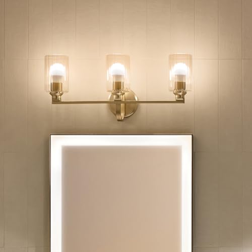 Image of Kichler Gioe 24.25 inch 3-Light Bathroom Vanity Light Fixture with Clear Fluted Glass in Champagne Bronze, Damp Rated for Mirror, Powder Room (24.25 inch W x 10.5 inch H), 55226CPZFLU