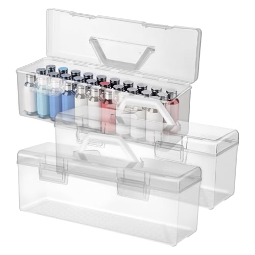 3 Pcs Paint Storage Box for 2 Fl. oz Acrylic Paints, Acrylic Portable Craft Art Organizer with Handle, 30 Bottles Capacity Plastic Art Supply Clear Boxes