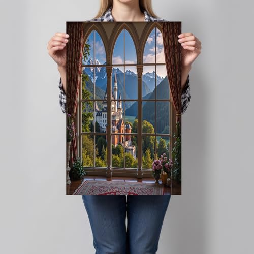 Château aux fenêtres gothiques sur grande toile decoration murale vintage