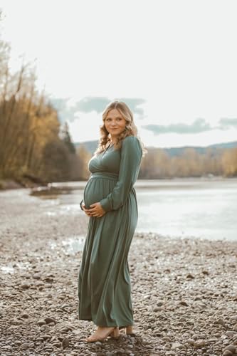 OUGES Fall Maternity Maxi Dress Long Sleeve Wrap V Neck Baby Shower Pregnancy Dresses for Photoshoot Maternity Clothes2