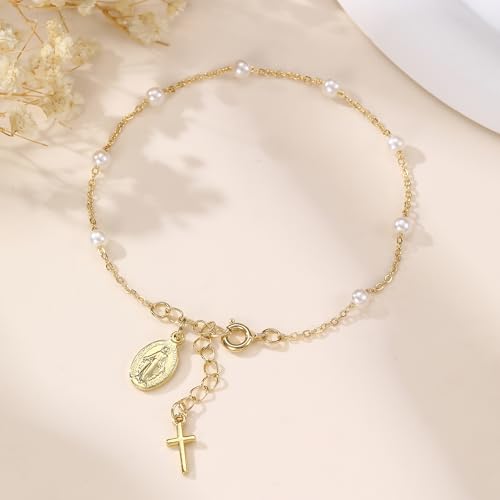 First Communion Rosary Bracelet, Dainty 14K Gold Plated Virgin Mary Pearl Cross Charm Bracelet Catholic Christian Religious Jewelry Gifts for Her3