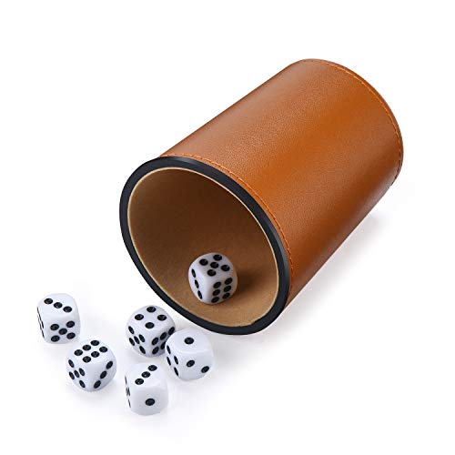 Party Games Leather Dice Cup Set, 5 Leather Dice Cups + 25 Dice + Exclusive Storage And Transport Case Made Of Faux Leather With Magnetic Closure #TOP4