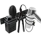 Organizador 3 en 1: soporte para secador de pelo en espiral, soporte para alisador y ranura de almacenamiento 3 en 1, que ofrece más espacio para almacenar secador de pelo, alisador, rizador, cepillos de pelo, maquinillas de afeitar. La ranura de almacenamiento con diseño hueco tallado no acumula agua.