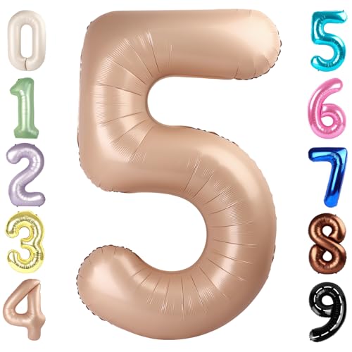 Balloon Numbers 40 Inch 5 Ballon for 5th Birthday Decorations, 15 25 35 50 Big Light Brown Number Balloons for Wedding Photo Shoot Party Decor