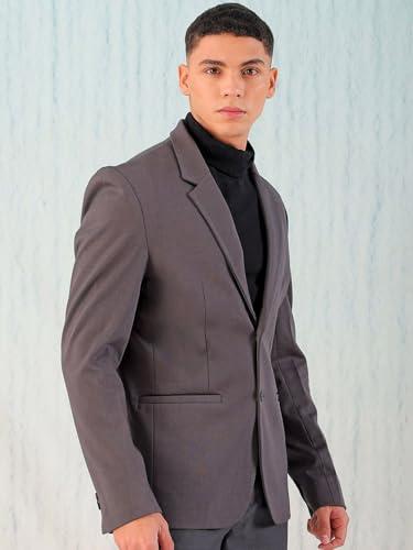 Image of The Indian Garage Co Men Comfort Straight Fit Solid Stretchable Single Breated Knitted Blazers