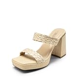 DREAM PAIRS Women's Two Braided Strap High Chunky Heels for Women Slip on Open Square Toe Block Platform Heels Sandals Holiday Party Wedding Dress Pumps Shoes,Size 8.5,NUDE-WOVEN,SDHS2411W