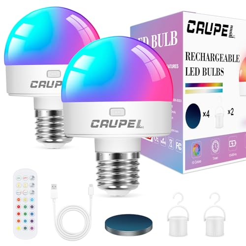 Image of RGBCW Rechargeable Battery Operated Light Bulbs, E26 Detachable LED Bulb with Remote Control, 60W Equivalent, 500Lum, 3 Color Temperatures, 15 RGB, Emergency Light Bulbs for Home, Outdoor, 2 Pack
