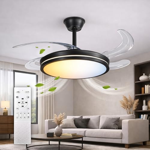 HYBEC - Ventilador de techo negro con luz LED y control remoto | 107 cm con aspas transparentes | Motor DC ultra silencioso | Reversible | Diseño elegante e industrial